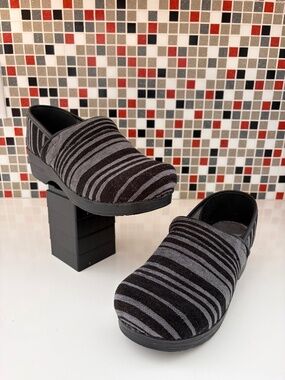 Dansko Vegan Textured Chenille Black & Grey Striped Clog - 41 EU (9.5-10 US)